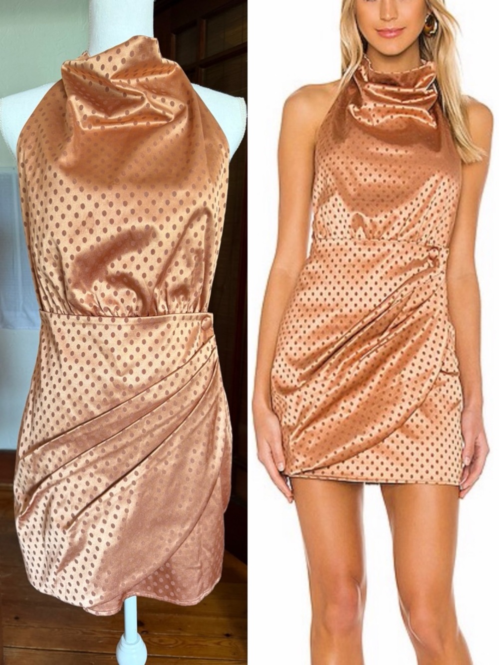 Majorelle Yasmin Mini Dress Copper Satin Polka Dot Halter Statement Party Sz S